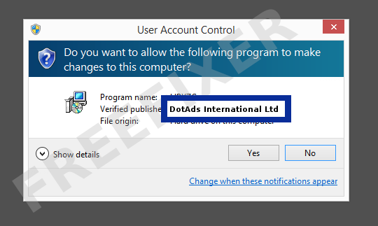 Screenshot where DotAds International Ltd appears as the verified publisher in the UAC dialog